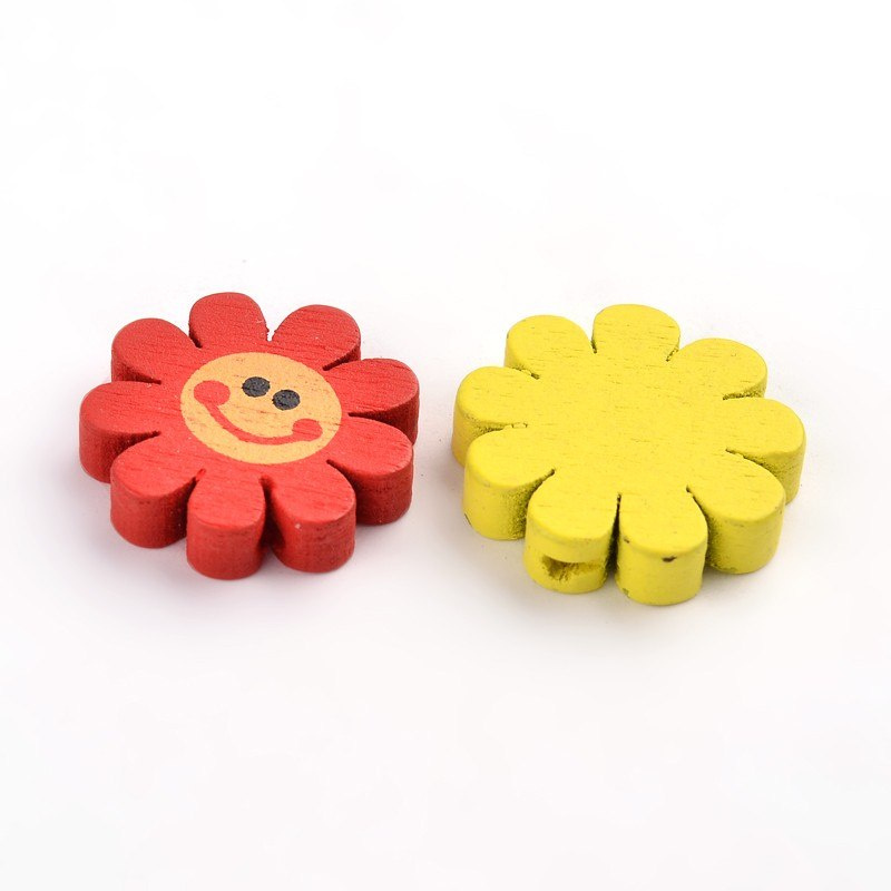 Koraliki drewniane uśmiechnięte kwiatki, malowane, 10szt. mix kolorów