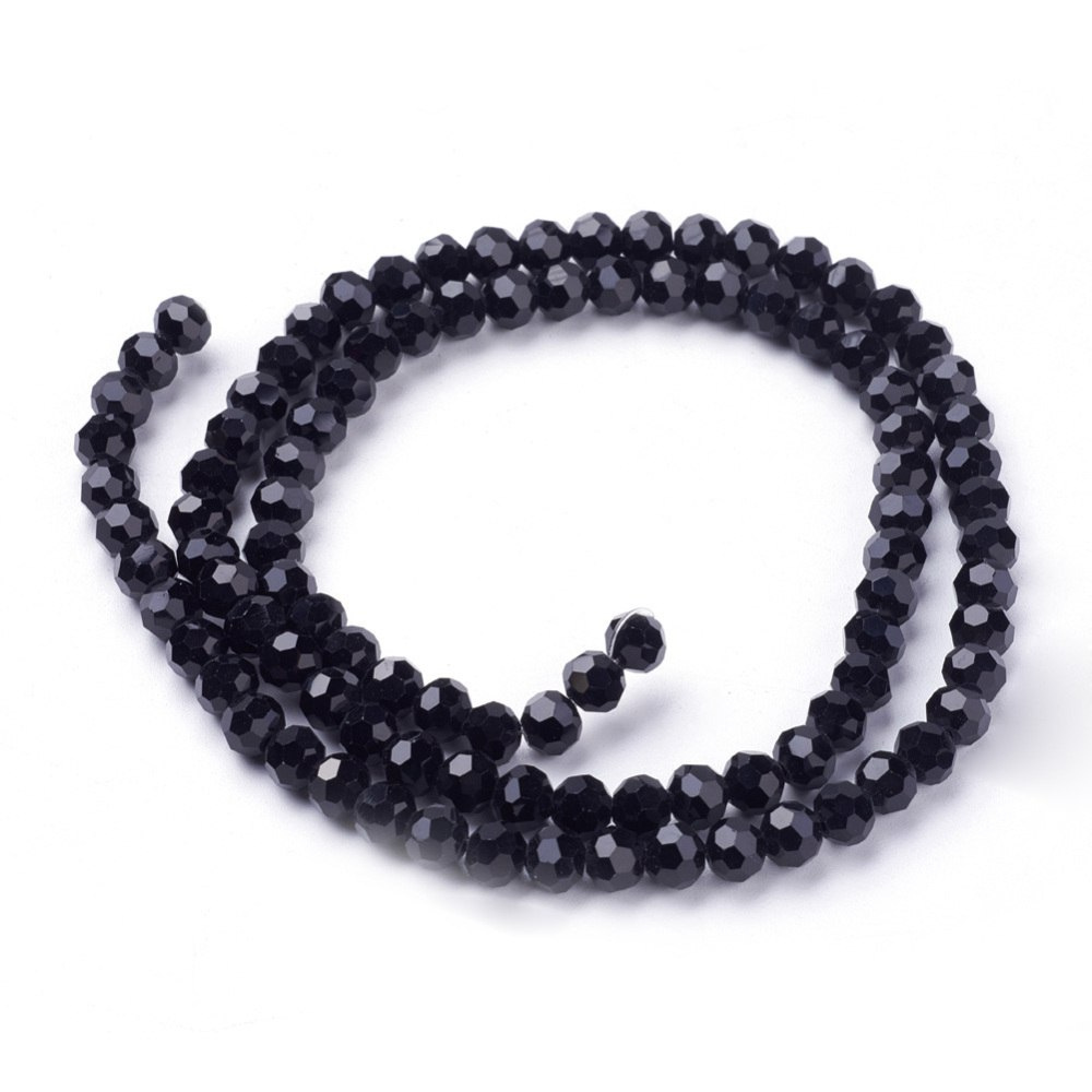 Szklane koraliki, czarne, 6mm, 98~100szt.(sznur), fasetowe Szklane koraliki, czarne, 6mm, 98~100szt.(sznur), fasetowe