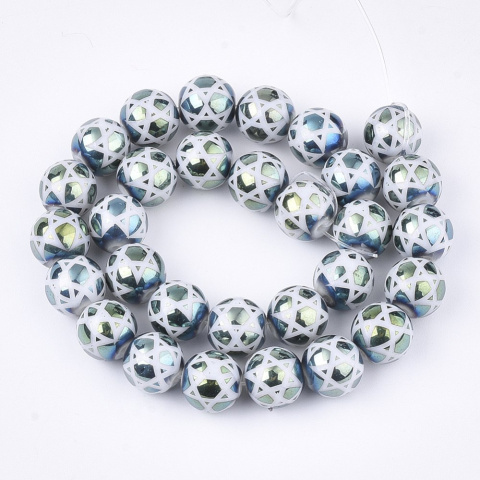 Szklane koraliki, zielono-biały, 10mm, 30szt.(sznur)