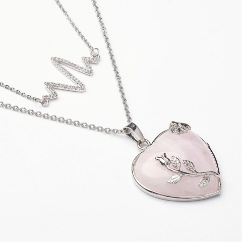 Naszyjnik serce z różą, kwarc różowy, stal