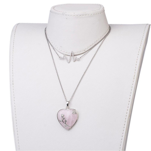Naszyjnik serce z różą, kwarc różowy, stal