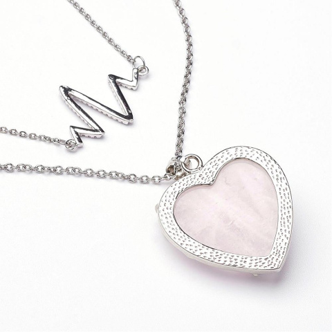 Naszyjnik serce z różą, kwarc różowy, stal