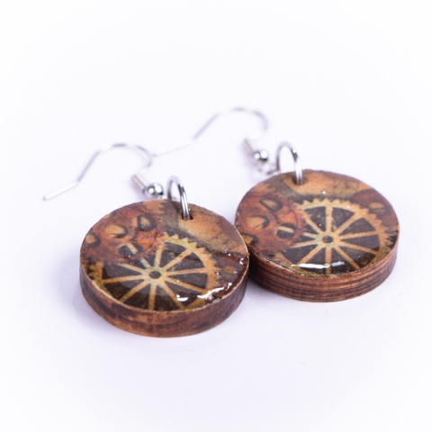 Drewniane kolczyki Handmade, boho, zegar
