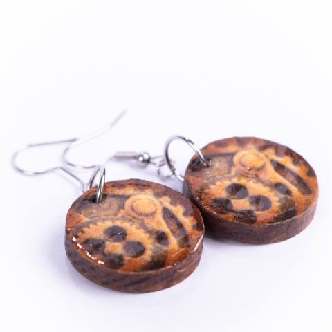 Drewniane kolczyki Handmade, boho, zegar