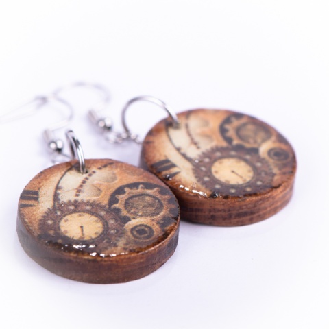Drewniane kolczyki Handmade, boho, zegar