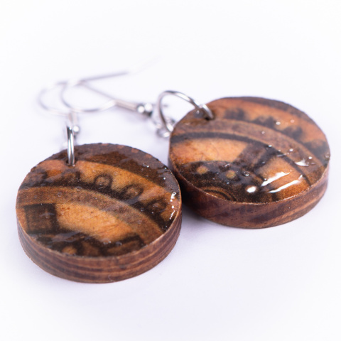 Drewniane kolczyki Handmade, boho, zegar