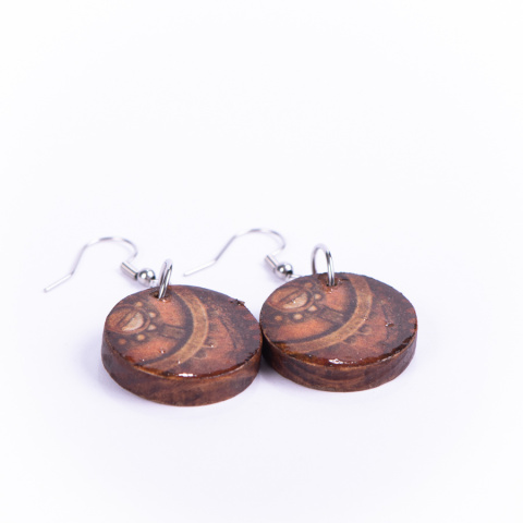 Drewniane kolczyki Handmade, boho, zegar