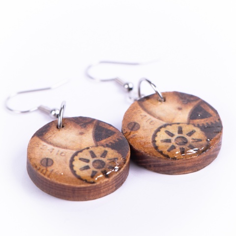 Drewniane kolczyki Handmade, boho, zegar