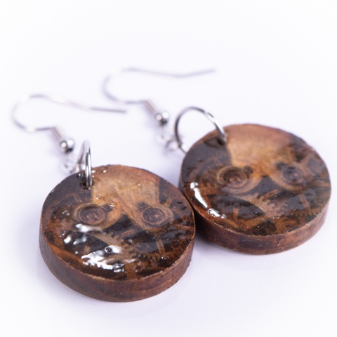 Drewniane kolczyki Handmade, boho, zegar