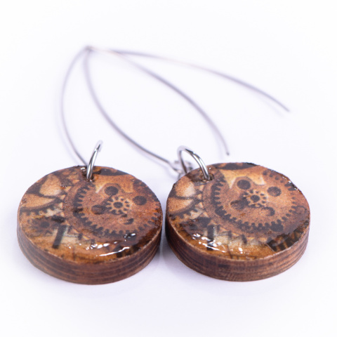 Drewniane kolczyki Handmade, boho, zegar