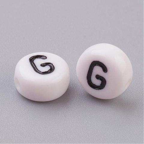 Akrylowe koraliki, litera G, biało-czarne, 7mm,10szt. Akrylowe koraliki, litera G, biało-czarne, 7mm,10szt.
