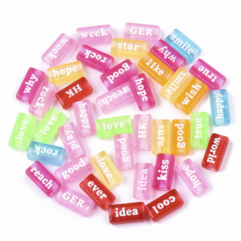 Koraliki akrylowe, prostokąt, kolorowe, słowa,15mm,10szt.
