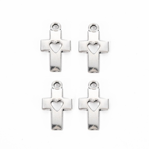 Zawieszka Krzyż z sercem, antyczne srebro, 19mm