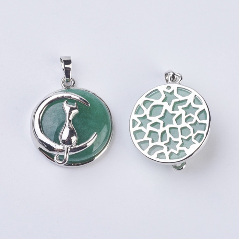 Zawieszka Kot na księżycu, naturalny awenturyn i mosiądz, 32x27.5x10 mm