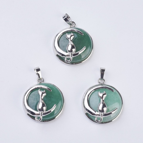 Zawieszka Kot na księżycu, naturalny awenturyn i mosiądz, 32x27.5x10 mm