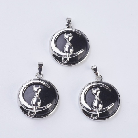 Zawieszka Kot na księżycu, czarny agat i mosiądz, 32x27.5x10 mm